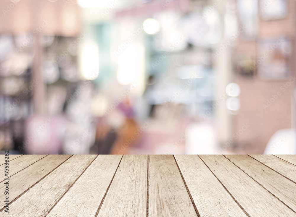 Perspective wood and blurred cafe with bokeh light background Perspective wood and blurred cafe with bokeh light background
