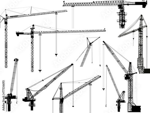 ten black building cranes on white