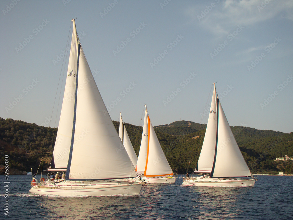 four boats along the shore under sail