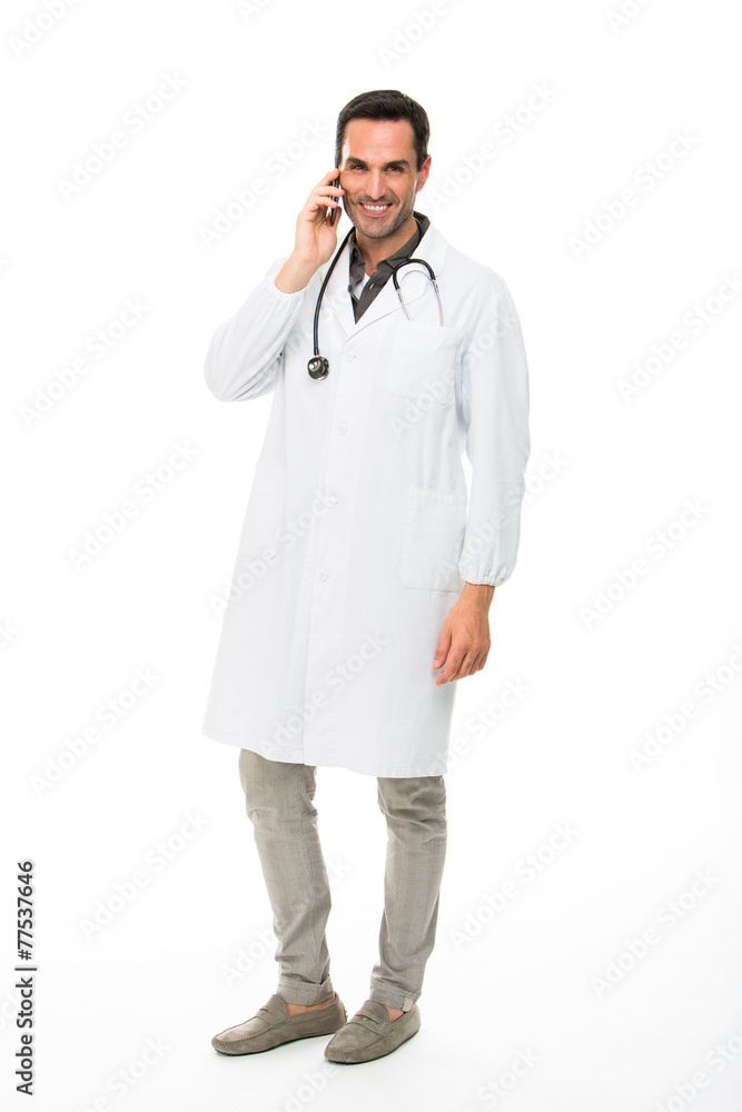 smiling male doctor with mobile phone smiling male doctor with mobile phone