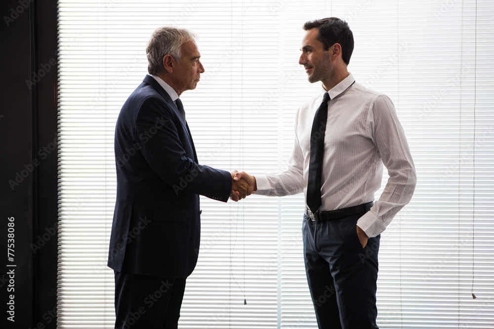 two businessmen standing up and shaking hands two businessmen standing up and shaking hands