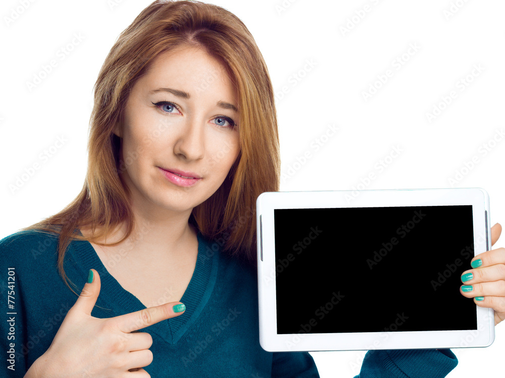 Woman holding a tablet computer on white background Woman holding a tablet computer on white background