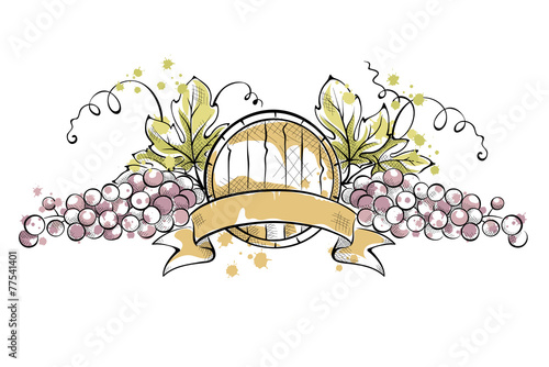 Watercolor illustration -- grape with ribbon and wine cask