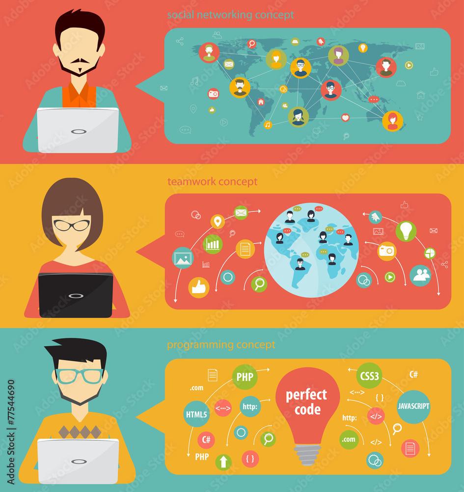 Fototapeta premium social networking, teamwork and programming, banner concept