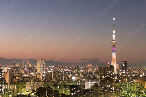 日没直後の東京スカイツリーライトアップと美しい東京都心全景
