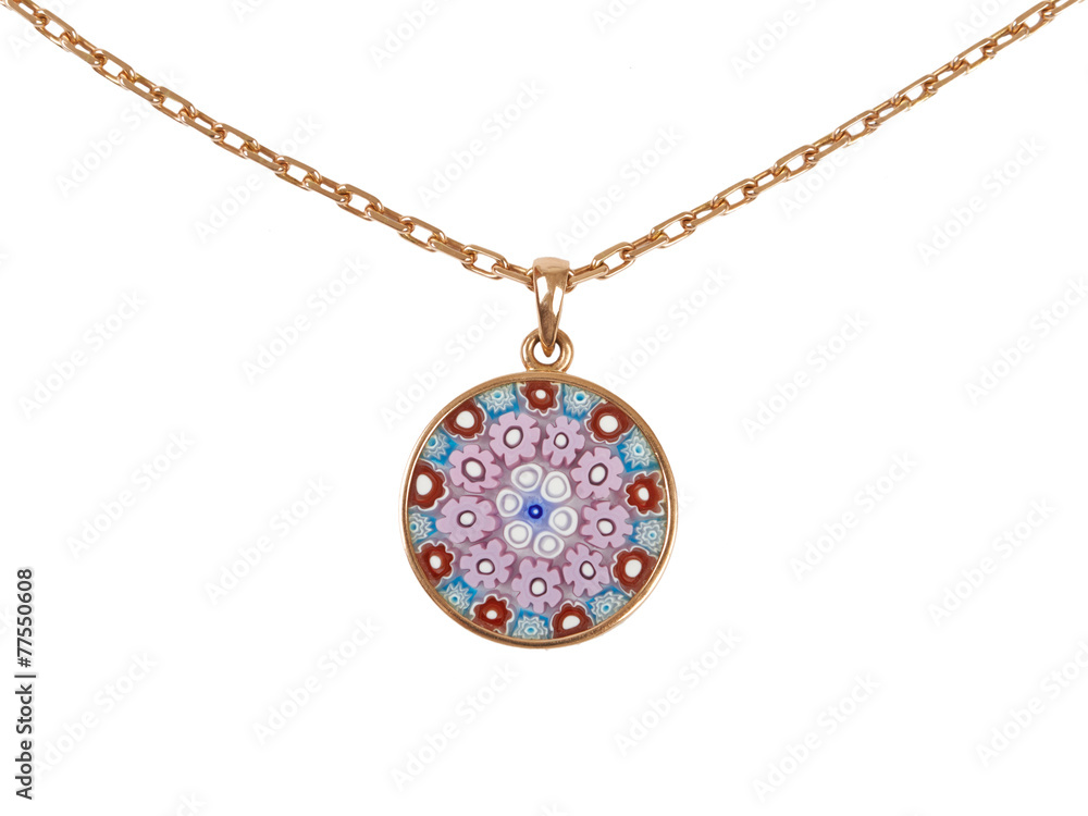 Murano glass pendant gold with chain isolated on white backgroun Murano glass pendant gold with chain isolated on white backgroun