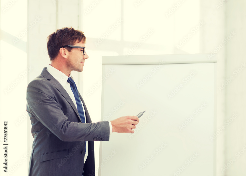 businessman pointing to flip board in office businessman pointing to flip board in office