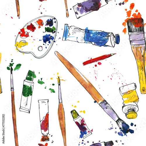 seamless pattern with palette and  brushes