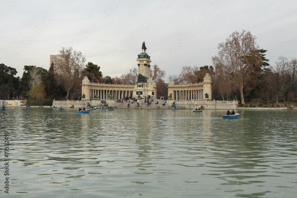 In January evening in Retiro park. Madrid, Spain