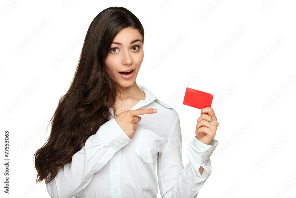 Young woman showing copy space on empty blank sign Young woman showing copy space on empty blank sign