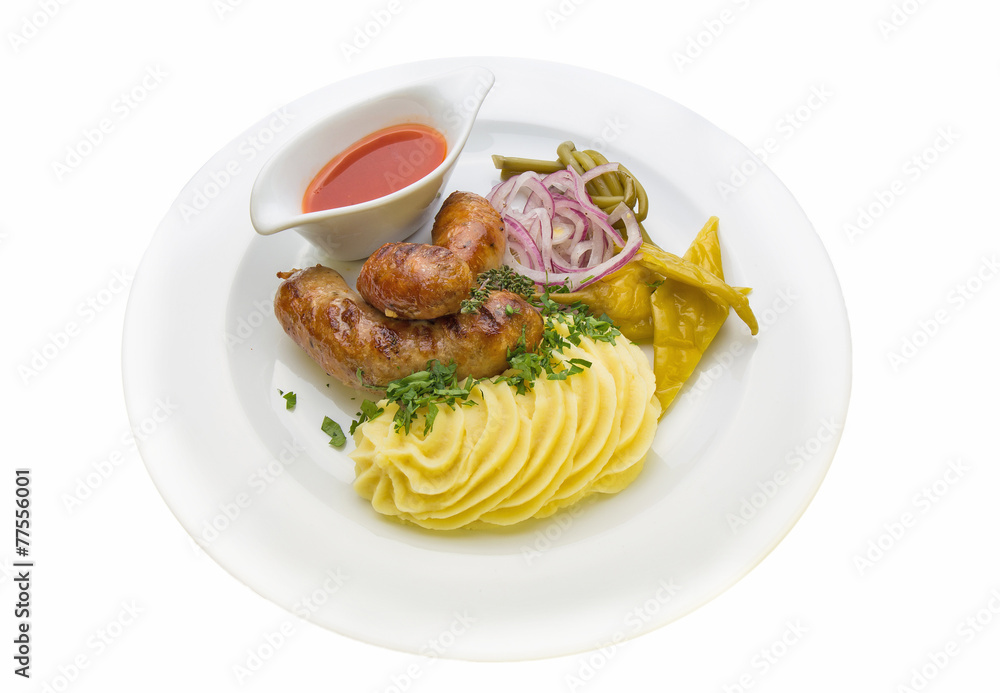 SAUSAGES OF ELK AND WILD BOAR WITH MASHED POTATOES SAUSAGES OF ELK AND WILD BOAR WITH MASHED POTATOES