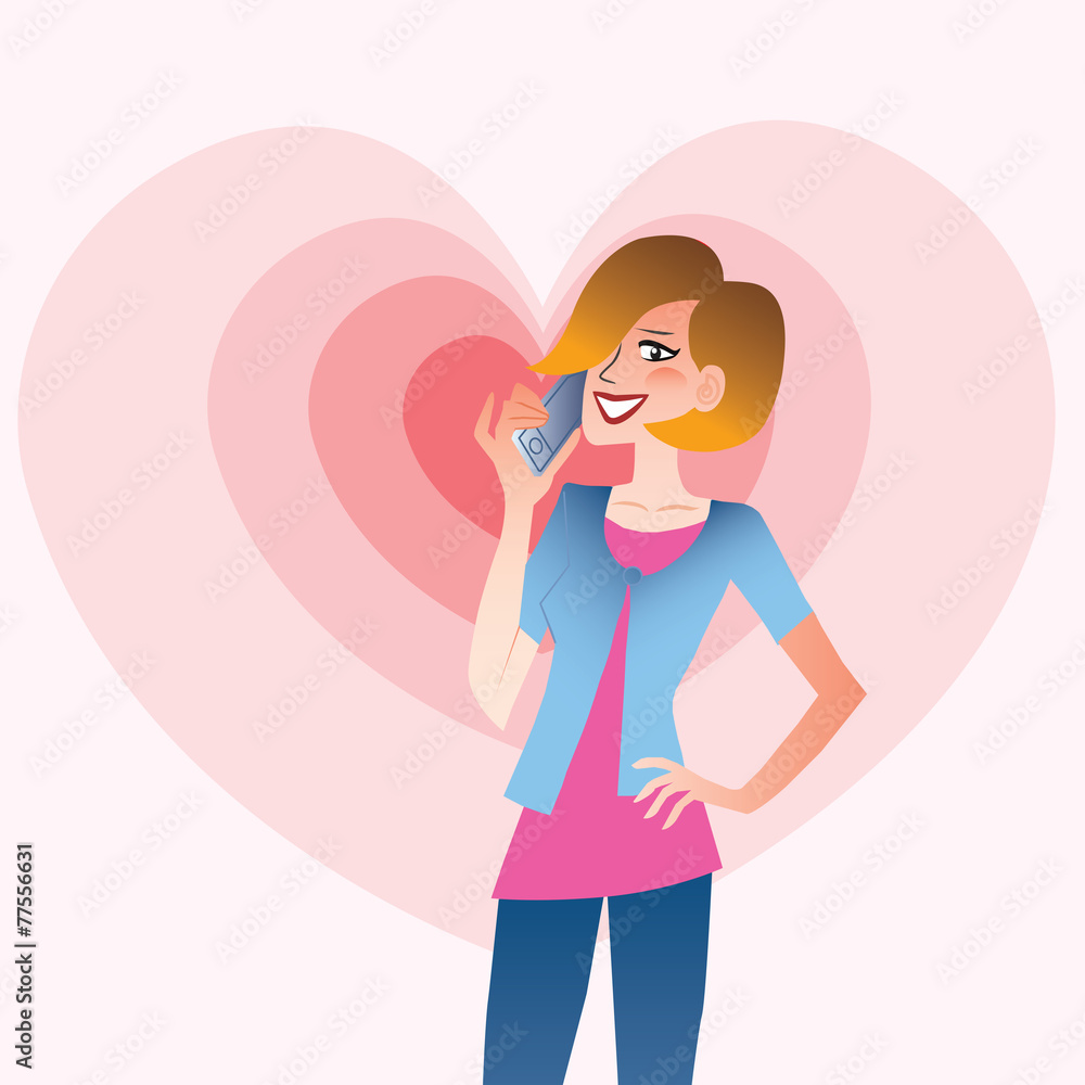 Young smiling woman talking on the phone heart Young smiling woman talking on the phone heart