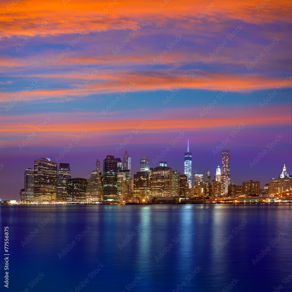 Manhattan sunset skyline New York NYC US Manhattan sunset skyline New York NYC US