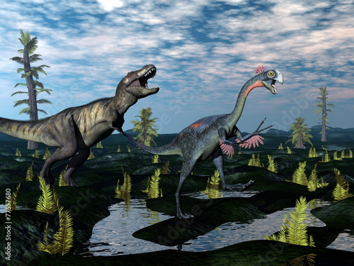 Fototapeta Naklejka Na Ścianę i Meble -  Tyrannosaurus rex attacking gigantoraptor dinosaur - 3D render