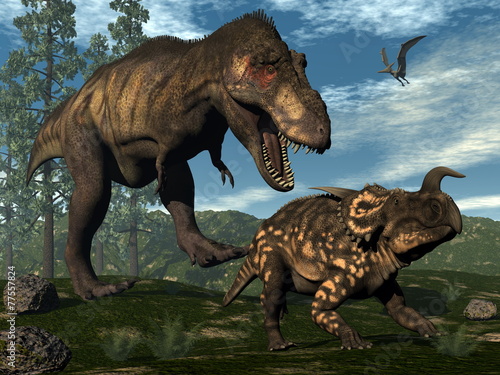 Tyrannosaurus rex attacking einiosaurus dinosaur - 3D render