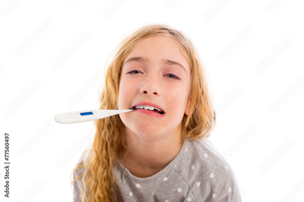 blond girl with thermometer and flu cold in pyjama blond girl with thermometer and flu cold in pyjama