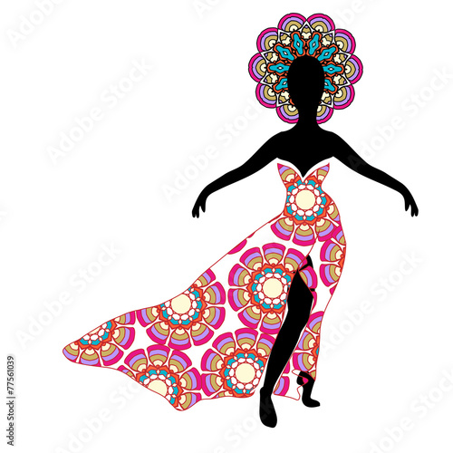 Young girl silhouette in chic long traditional dress