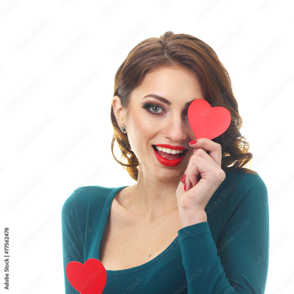 Funny Joyful Girl with Valentine Hearts Funny Joyful Girl with Valentine Hearts