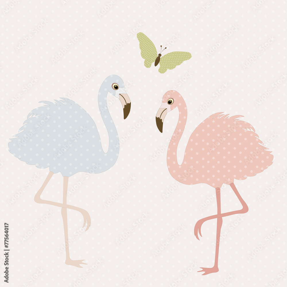 Obraz premium Cute flamingos and butterfly