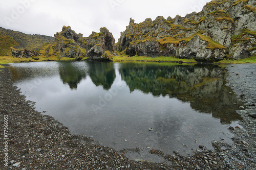 Green lagoon in black sand beach of Djupalonssandur photo