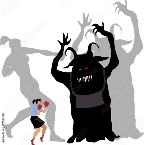 Woman standing up against a monster