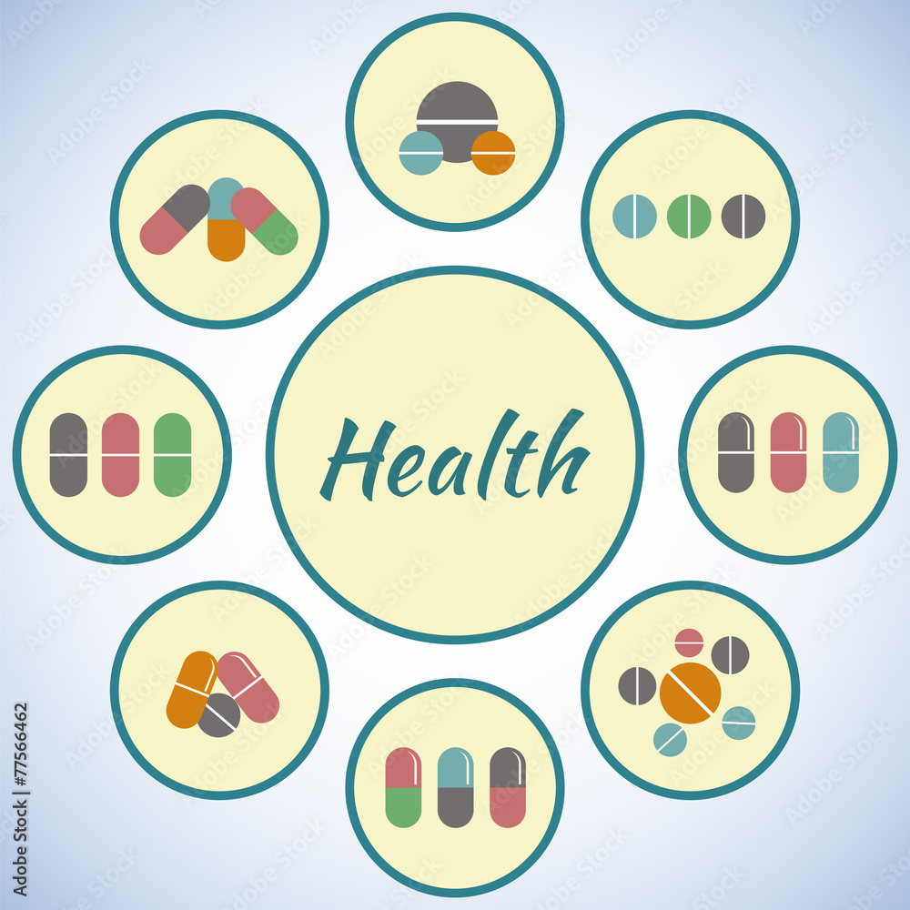 Fototapeta premium Health card. Pharmacy icons set, pills and capsules. Medicine ba