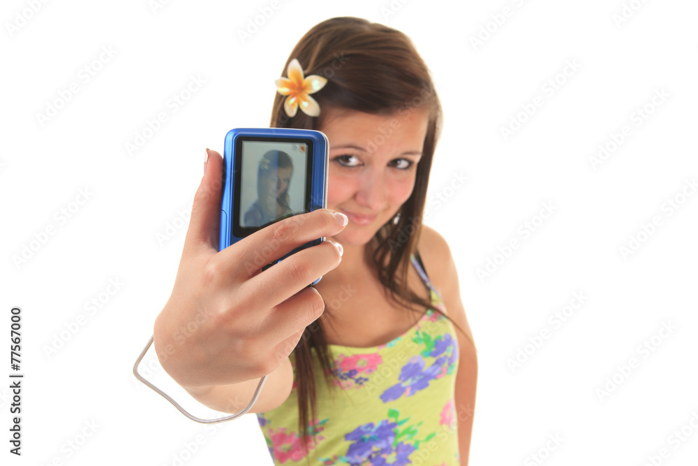 pretty teen girl taking selfies with her photo camera pretty teen girl taking selfies with her photo camera