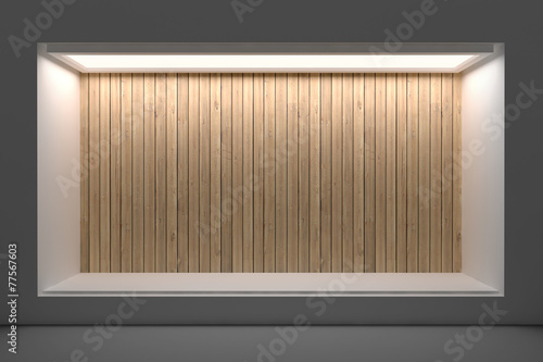 Empty storefront or podium with lighting and a big window