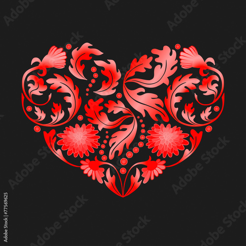 Red Floral Heart on Black Background, illustration