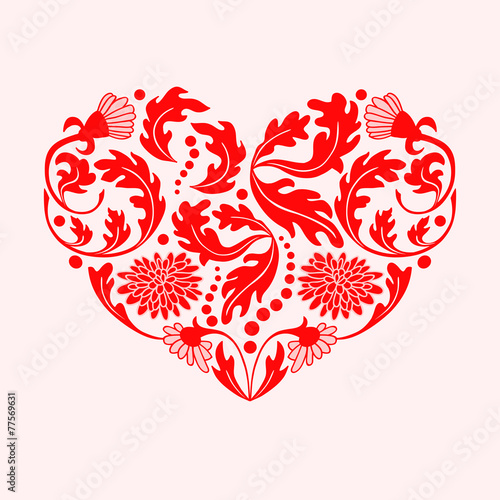Red Floral Heart on White Background, vector illustration