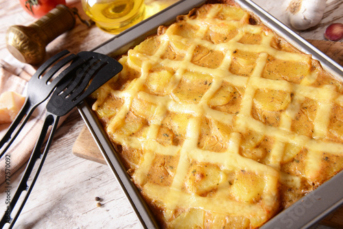 Casserole with potatoes, cheese and meat
