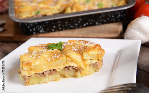 Casserole with potatoes, cheese and meat