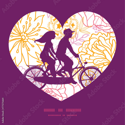 Vector flowers outlined couple on tandem bicycle heart