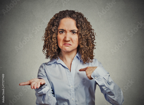 woman gesturing with hand pay back now bills money