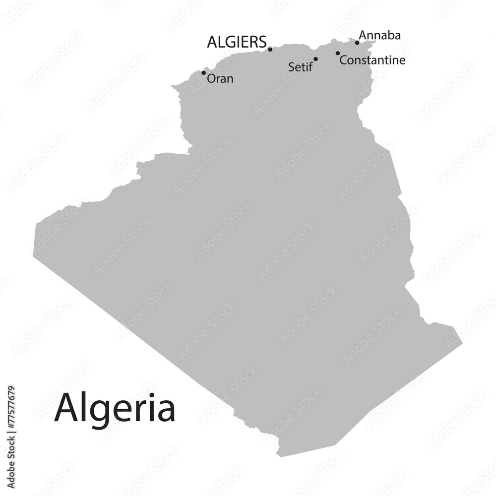 grey map of Algeria with indication of the biggest cities