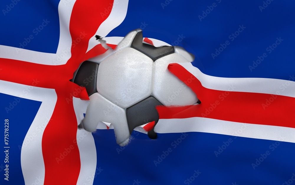 Fototapeta premium The hole in the flag of Iceland and soccer ball