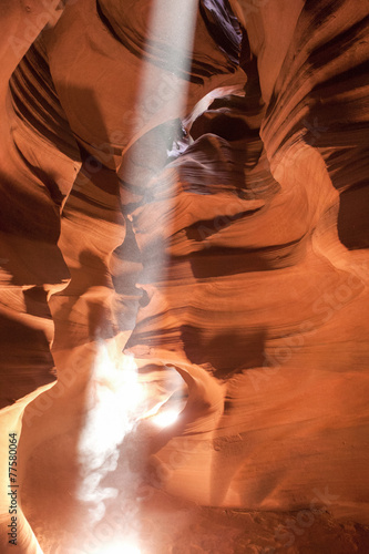 Antelope Canyon Seen With Rays of Sunlight Coming from Ceiling.