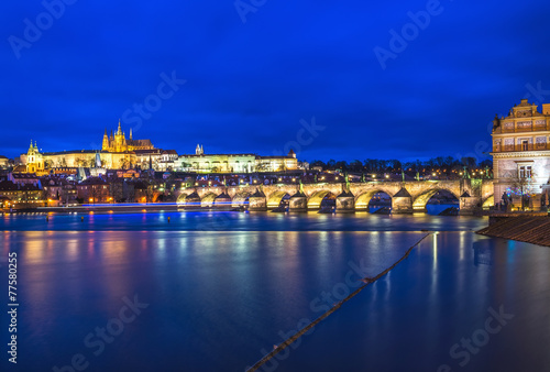 Evening view of the Prague castle, Charles bridge and the Vltava photo
