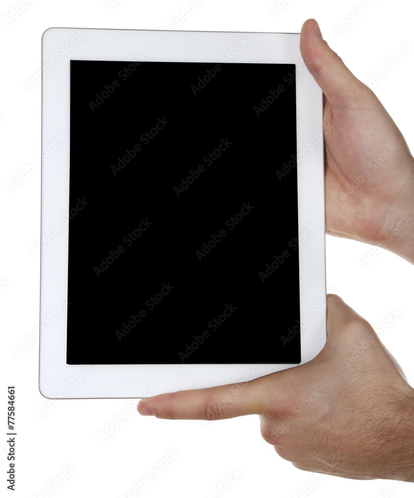 Hands holding tablet PC isolated on white Hands holding tablet PC isolated on white