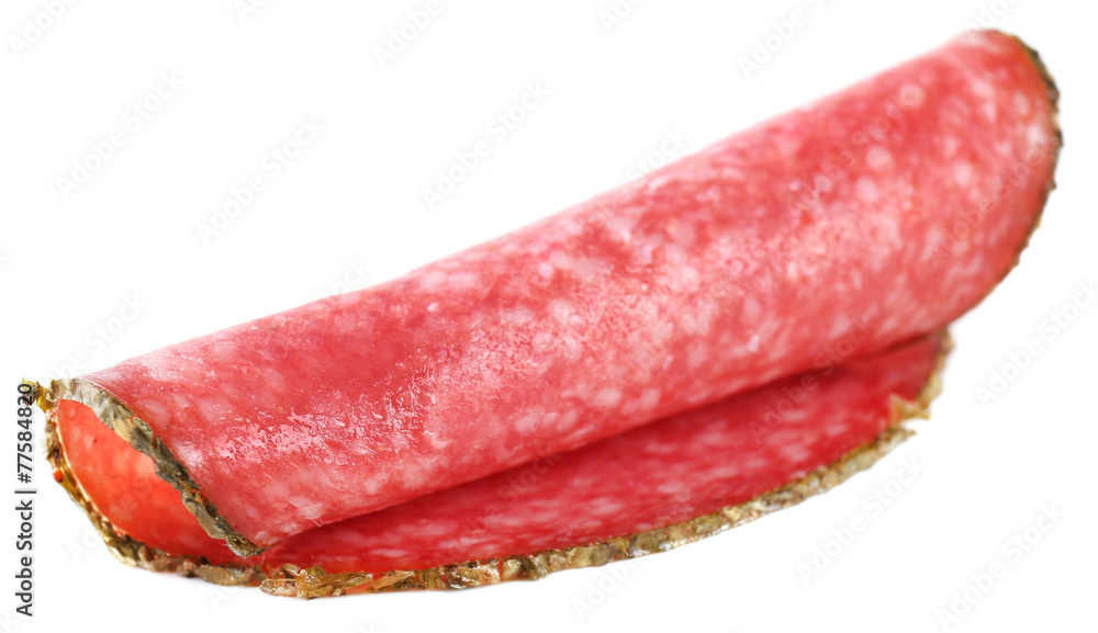 Slice of salami isolated on white background Slice of salami isolated on white background