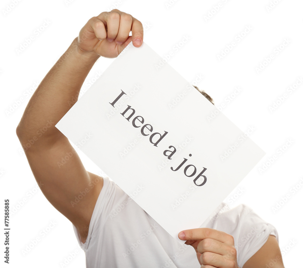 Sheet of paper with inscription I need a job in male hands Sheet of paper with inscription I need a job in male hands