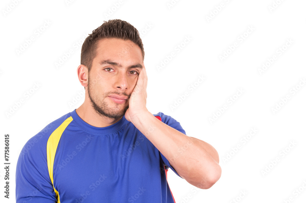 angry soccer fan wearing blue tshirt watching game angry soccer fan wearing blue tshirt watching game