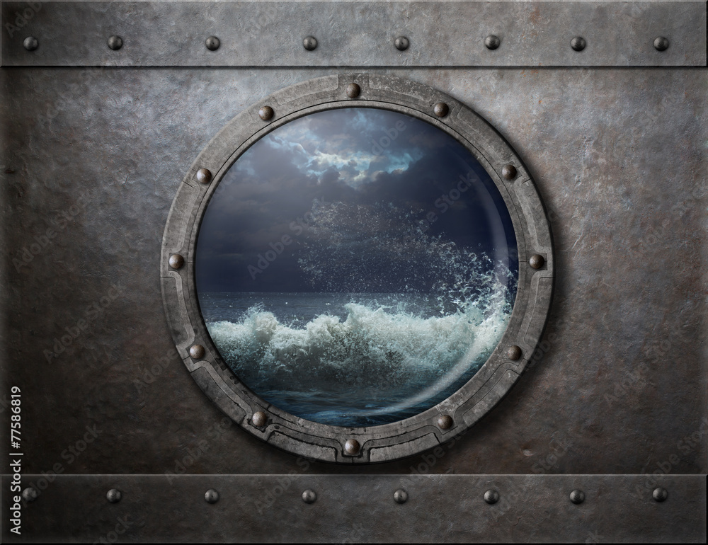 Naklejka premium old ship metal porthole or window with sea storm
