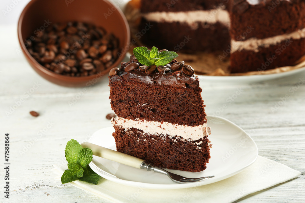 Delicious chocolate cake on table close-up Delicious chocolate cake on table close-up