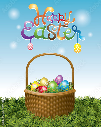 Easter Eggs in Basket and Hanging Eggs
