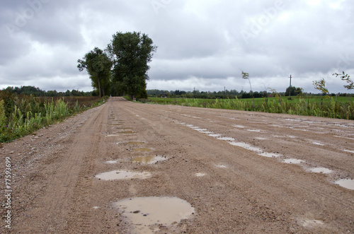 rural gravel road with puddles after rain
