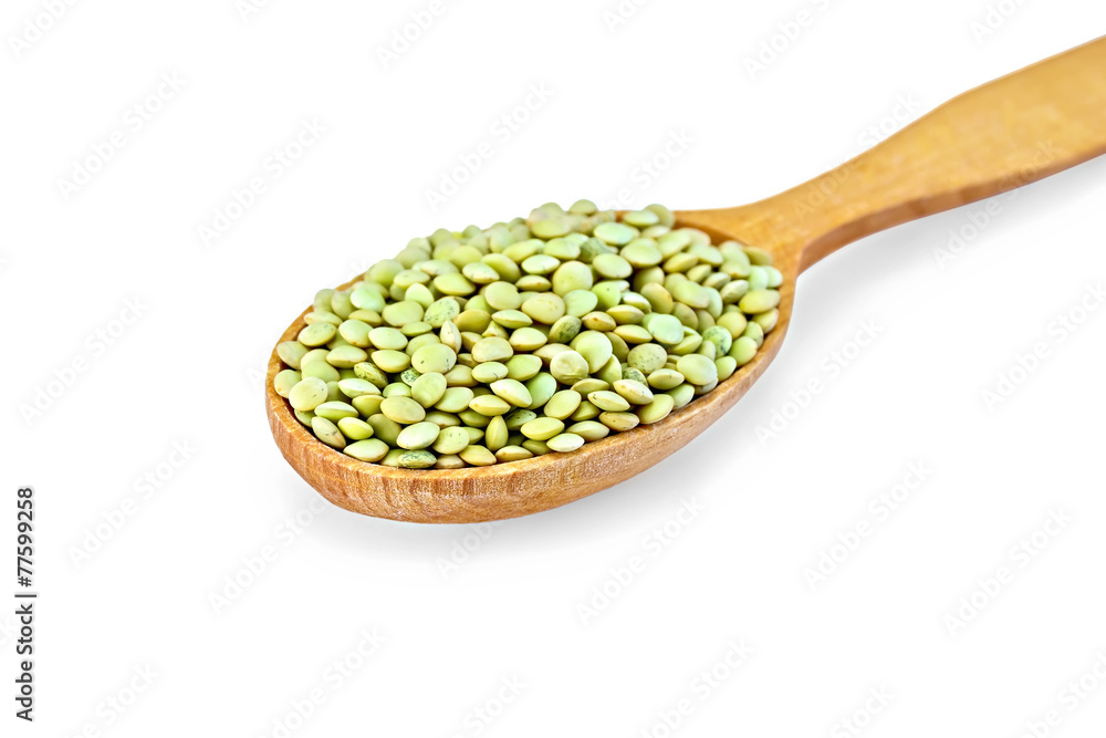 Lentils green in wooden spoon Lentils green in wooden spoon