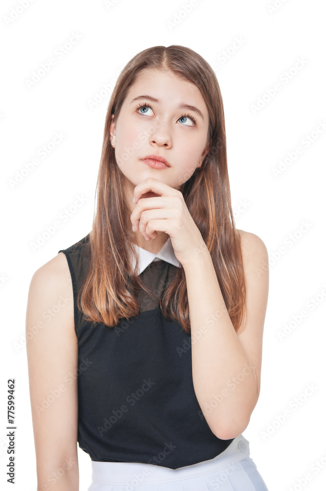 Young fashion teenage girl in glasses looking up on something is Young fashion teenage girl in glasses looking up on something is
