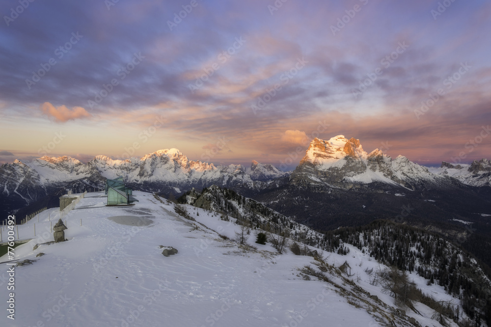 Dolomites in winter during the sunrise Dolomites in winter during the sunrise