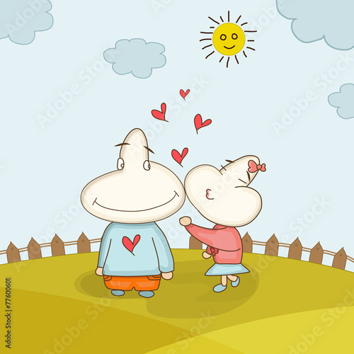 Funny cartoon couple in love for Valentines Day celebration.